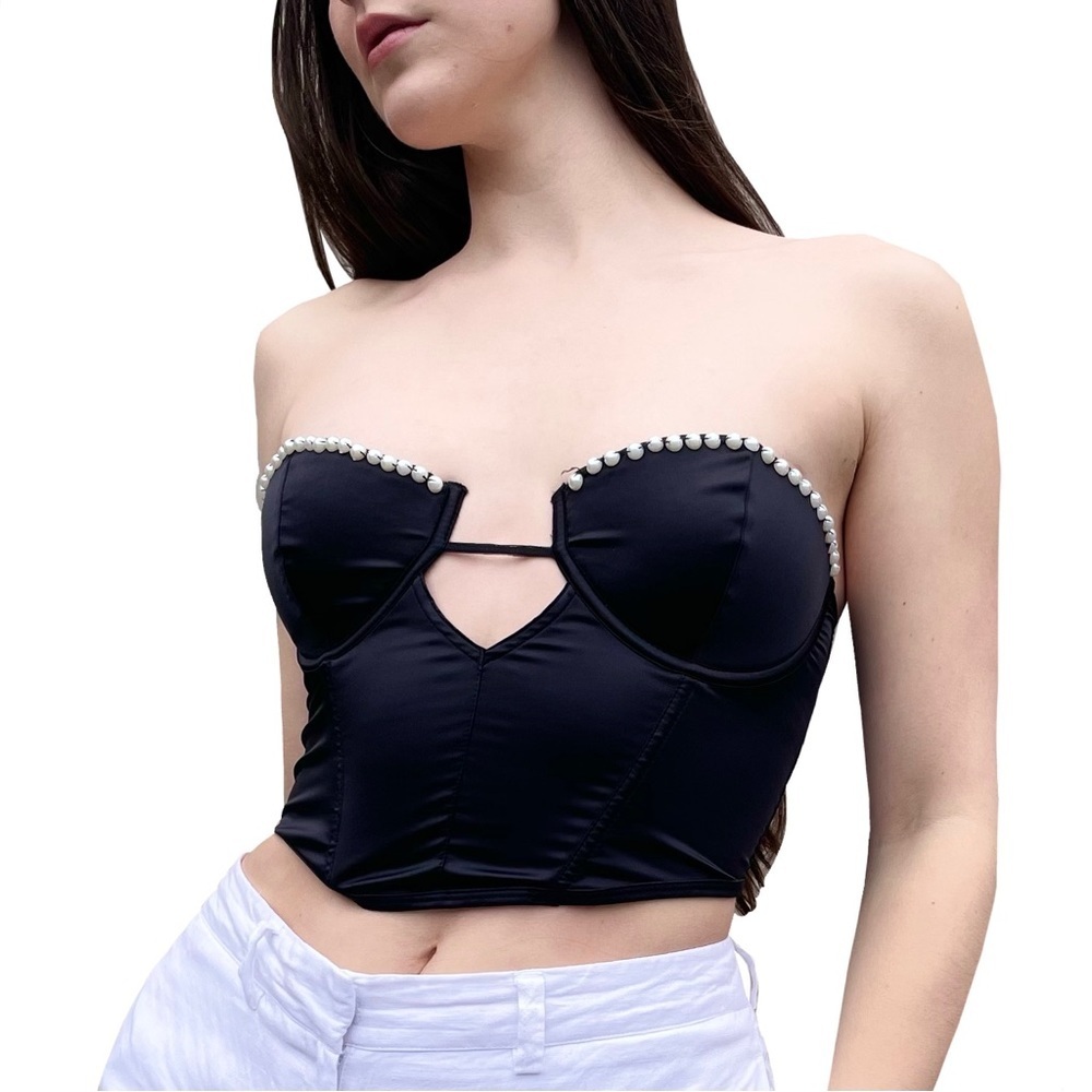 ASOS Pearl Trim Black Satin Cropped Strapless Corset Bustier Top Small